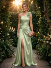 Satin A Line One Shoulder Evening Dresses with 3D Flowers