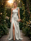 Satin A Line One Shoulder Evening Dresses with 3D Flowers