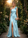 Satin A Line One Shoulder Evening Dresses with 3D Flowers