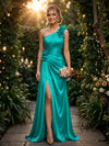 Satin A Line One Shoulder Evening Dresses with 3D Flowers