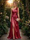 Satin A Line One Shoulder Evening Dresses with 3D Flowers