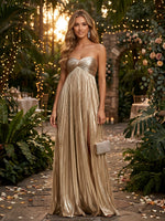 Metallic Satin A-Line Strapless Delicate Pleated Evening Dresses