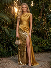 Satin Mermaid Boat Neck  Evening Dresses with Sequin