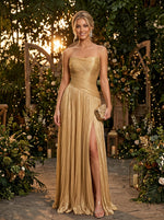 Metallic Satin A-Line Strapless Delicate Pleated Evening Dresses