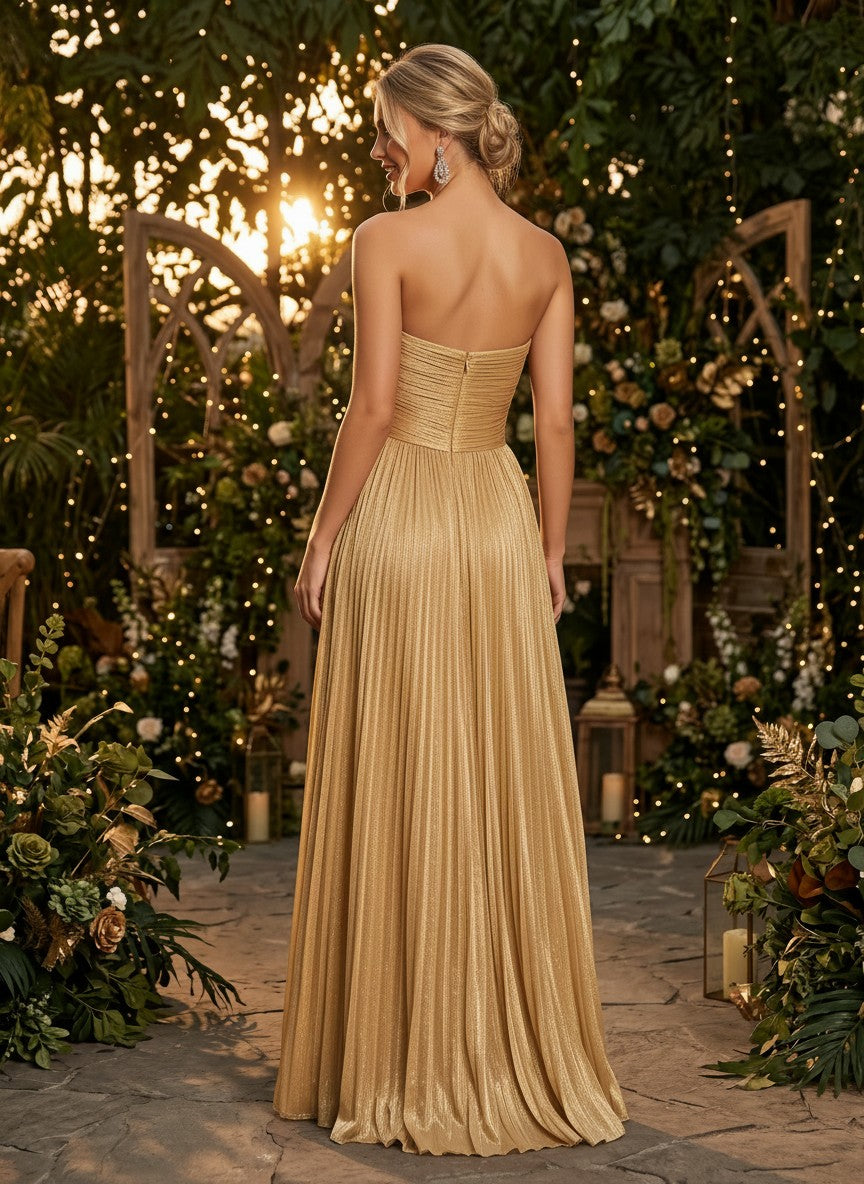 Metallic Satin A-Line Strapless Delicate Pleated Evening Dresses