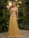 Metallic Satin A-Line Off the Shoulder Delicate Pleated Evening Dresses