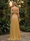 Metallic Satin A-Line Off the Shoulder Delicate Pleated Evening Dresses