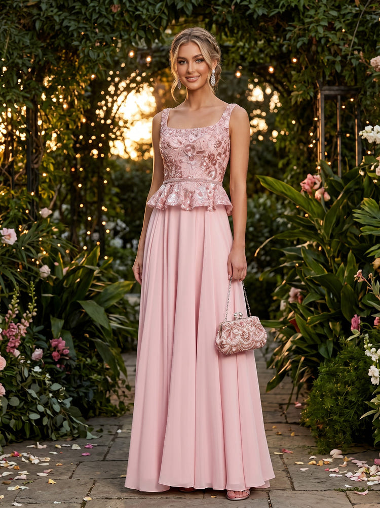 Chiffon A-Line Square Neck Evening Dresses with Embroidery