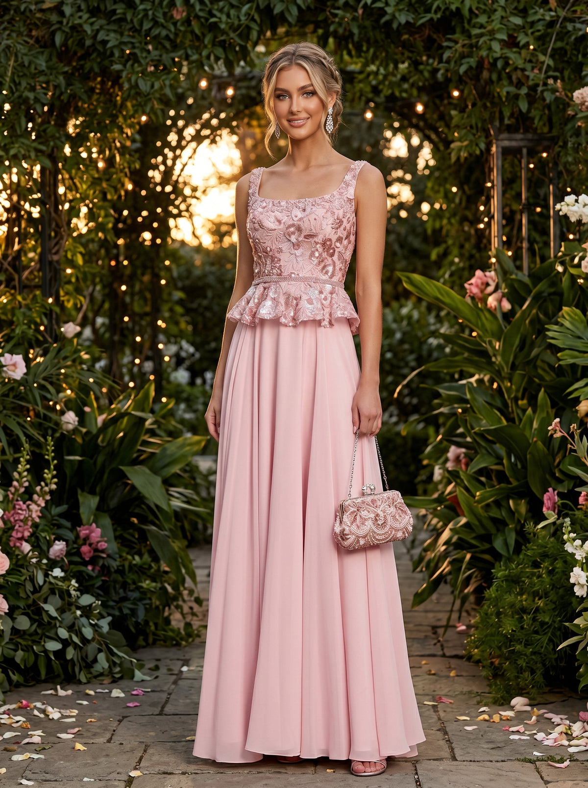Chiffon A-Line Square Neck Evening Dresses with Embroidery
