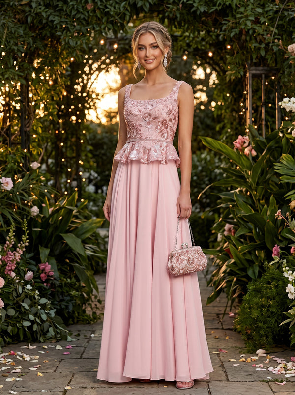 Chiffon A-Line Square Neck Evening Dresses with Embroidery
