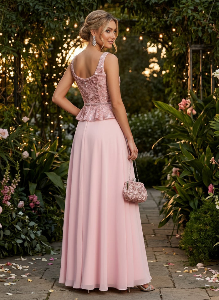 Chiffon A-Line Square Neck Evening Dresses with Embroidery