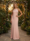 Satin Sheath Halter Evening Dresses with Leaf Applique