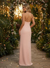Satin Sheath Halter Evening Dresses with Leaf Applique