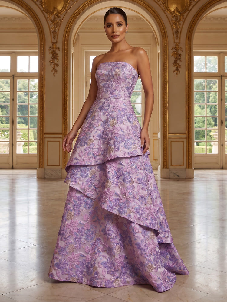 Jacquard A-Line Strapless Tiered Evening Dresses