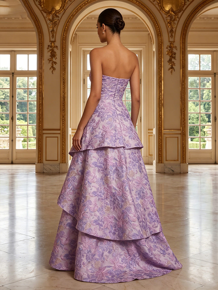 Jacquard A-Line Strapless Tiered Evening Dresses