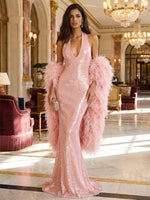 Sequin Mermaid Halter Evening Dresses with Feather Shawl