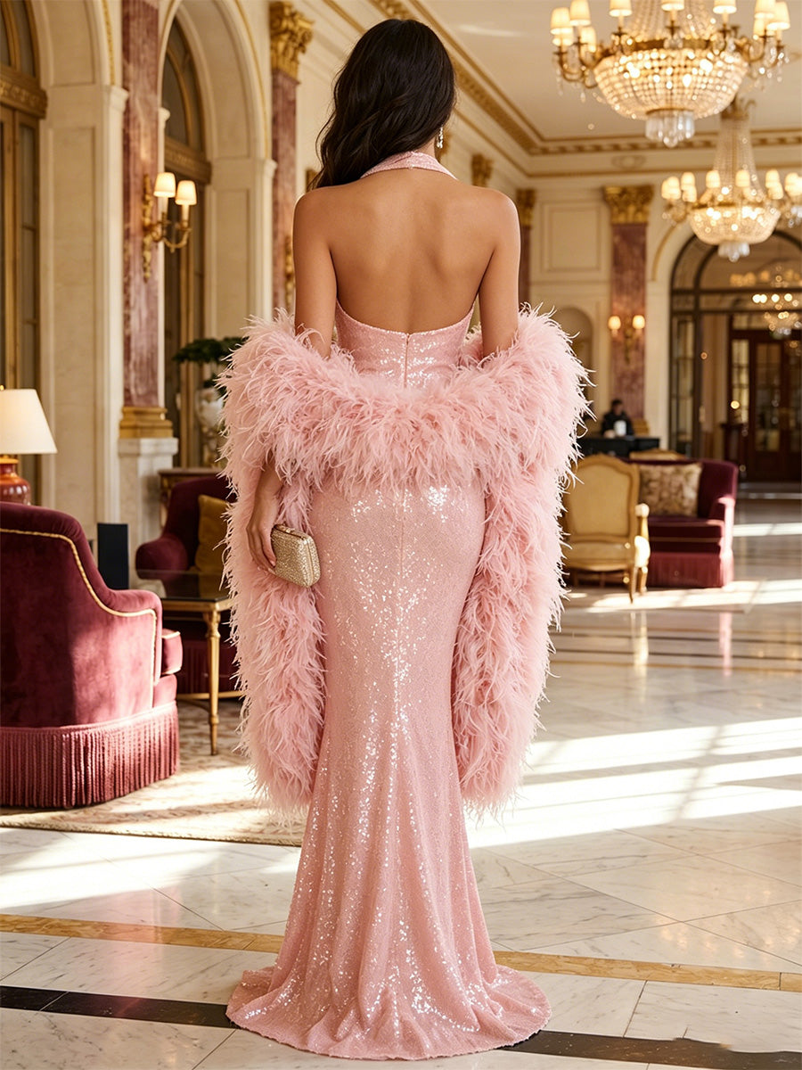 Sequin Mermaid Halter Evening Dresses with Feather Shawl