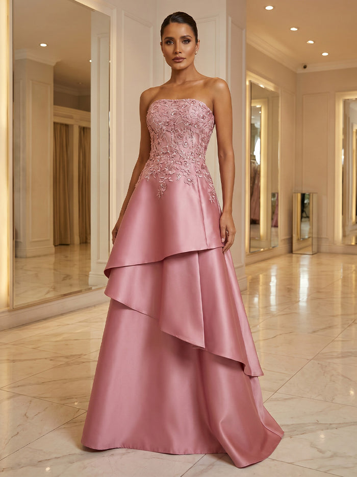 Satin A-Line Strapless Evening Dresses with Lace Applique
