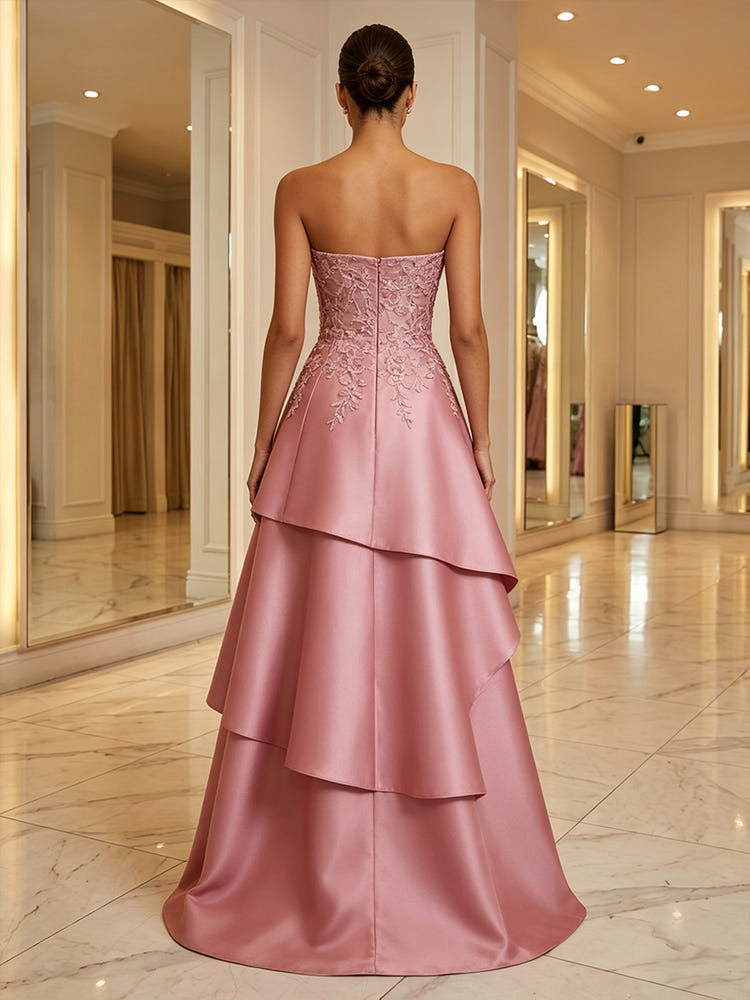 Satin A-Line Strapless Evening Dresses with Lace Applique