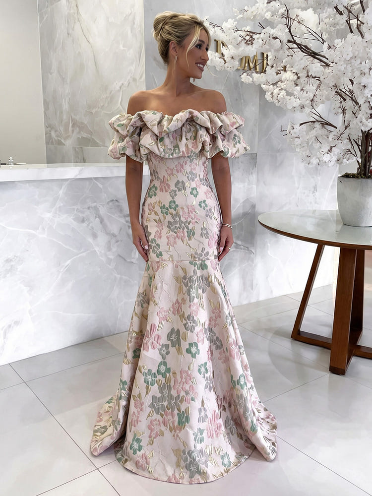 Jacquard Mermaid Off the Shoulder Evening Dresses with Ruffles