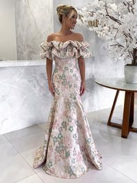 Jacquard Mermaid Off the Shoulder Evening Dresses with Ruffles