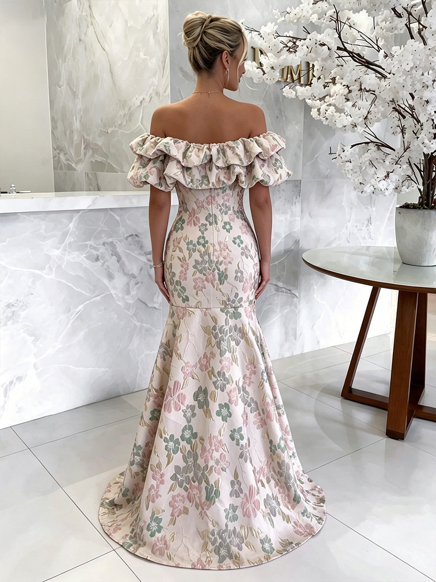Jacquard Mermaid Off the Shoulder Evening Dresses with Ruffles