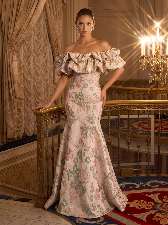 Jacquard Mermaid Off the Shoulder Evening Dresses with Ruffles