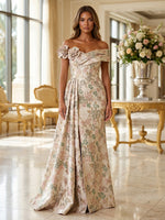 Jacquard Mermaid Off the Shoulder Evening Dresses with 3D Flowers