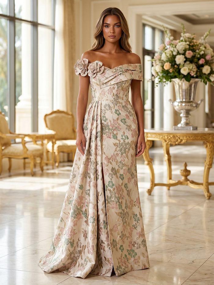 Jacquard Mermaid Off the Shoulder Evening Dresses with 3D Flowers