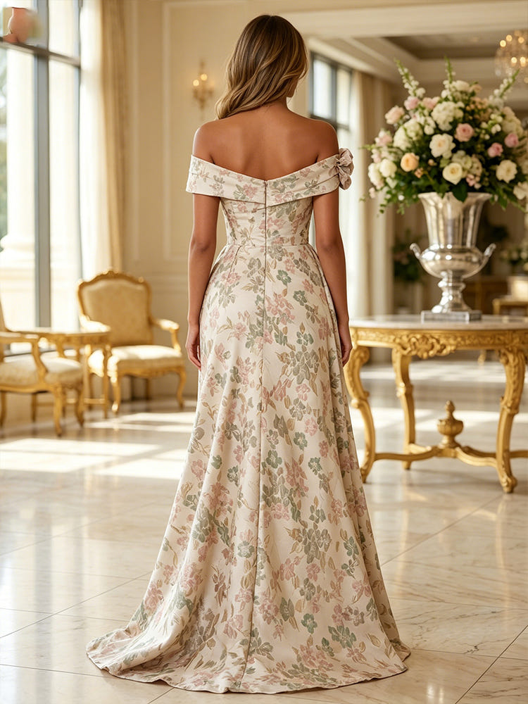 Jacquard Mermaid Off the Shoulder Evening Dresses with 3D Flowers