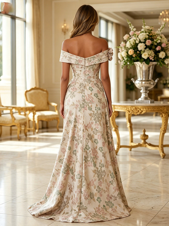 Jacquard Mermaid Off the Shoulder Evening Dresses with 3D Flowers