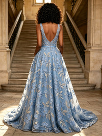 Tulle A-Line V Neck Evening Dresses with Floral Embroidery
