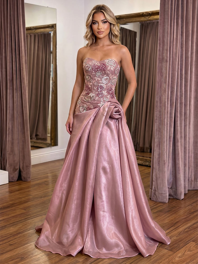 Tulle A-Line Sweetheart Evening Dresses with Lace Applique