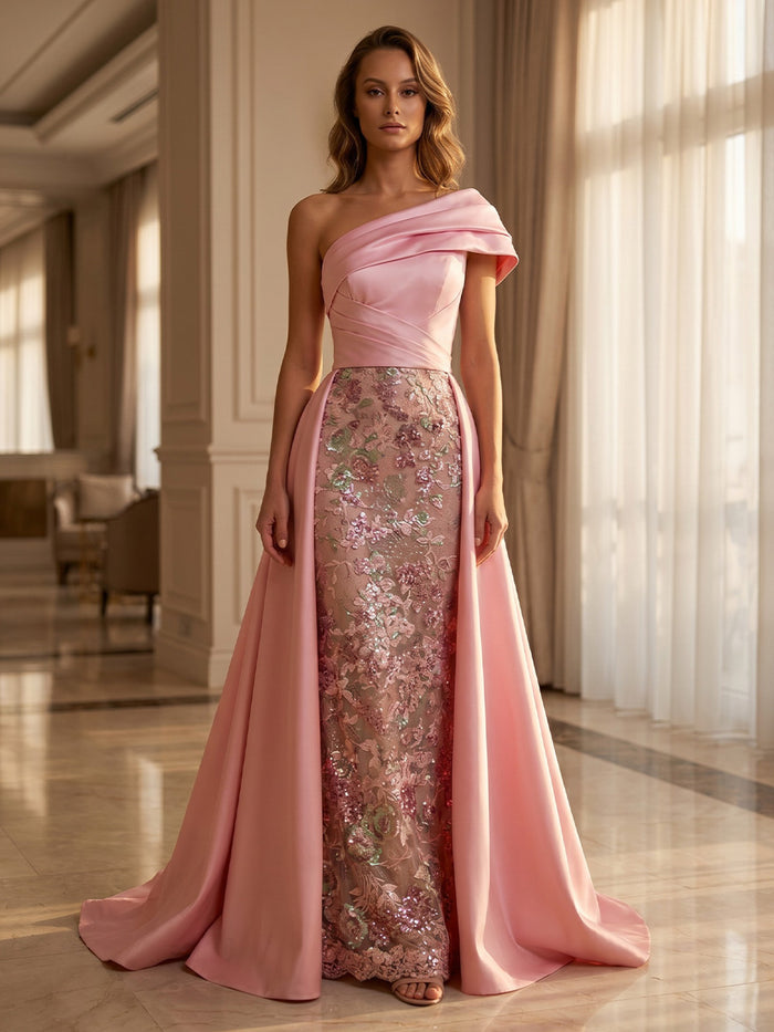 Satin Sheath One Shoulder Evening Dresses with Sequin Embroidery
