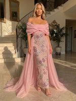 Tulle Sheath Off the Shoulder Evening Dresses with Sequin Embroidery