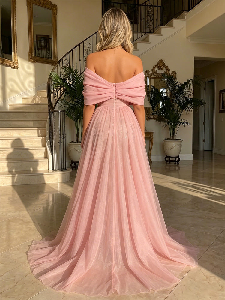 Tulle Sheath Off the Shoulder Evening Dresses with Sequin Embroidery