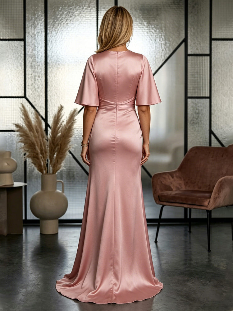 Satin Sheath Crew Neck Mother of the Bride Dresses with 3D Flowers