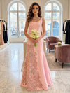 Satin Mermaid Square Neck Evening Dresses with 3D Flowers