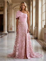 Tulle A-Line One Shoulder Evening Dresses with Floral Embroidery