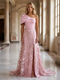 Tulle A-Line One Shoulder Evening Dresses with Floral Embroidery