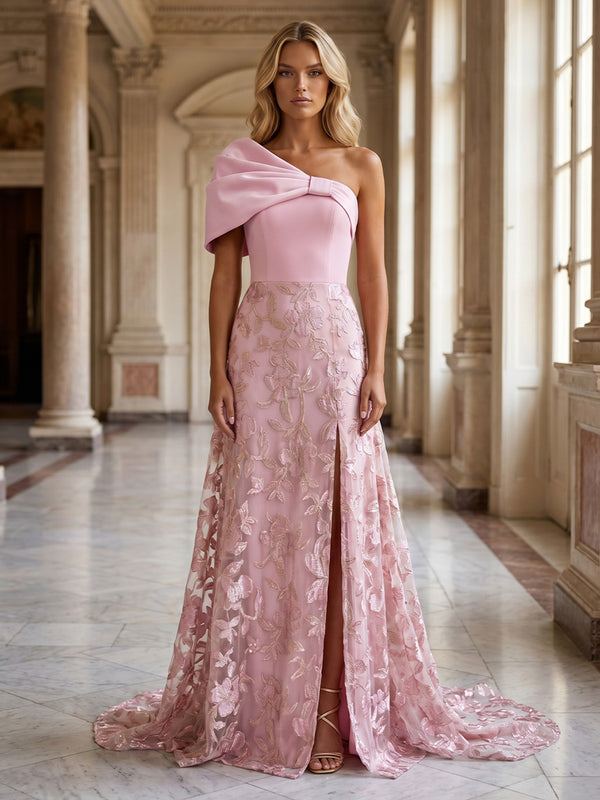 Tulle A-Line One Shoulder Evening Dresses with Floral Embroidery