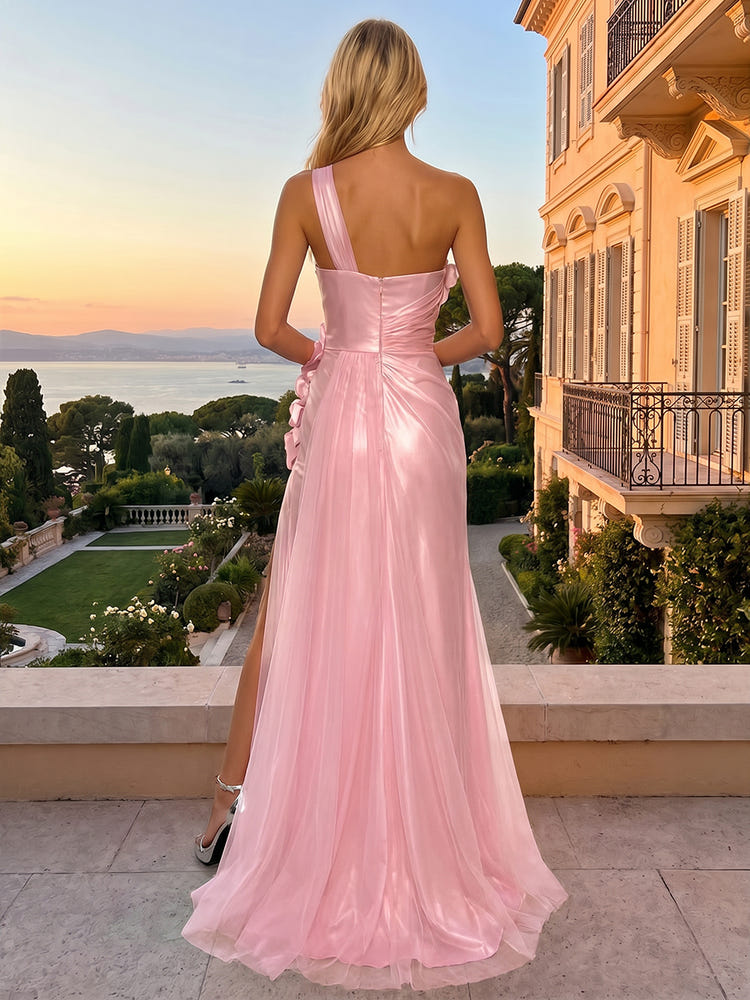 Tulle Mermaid One Shoulder Evening Dresses with 3D Flowers