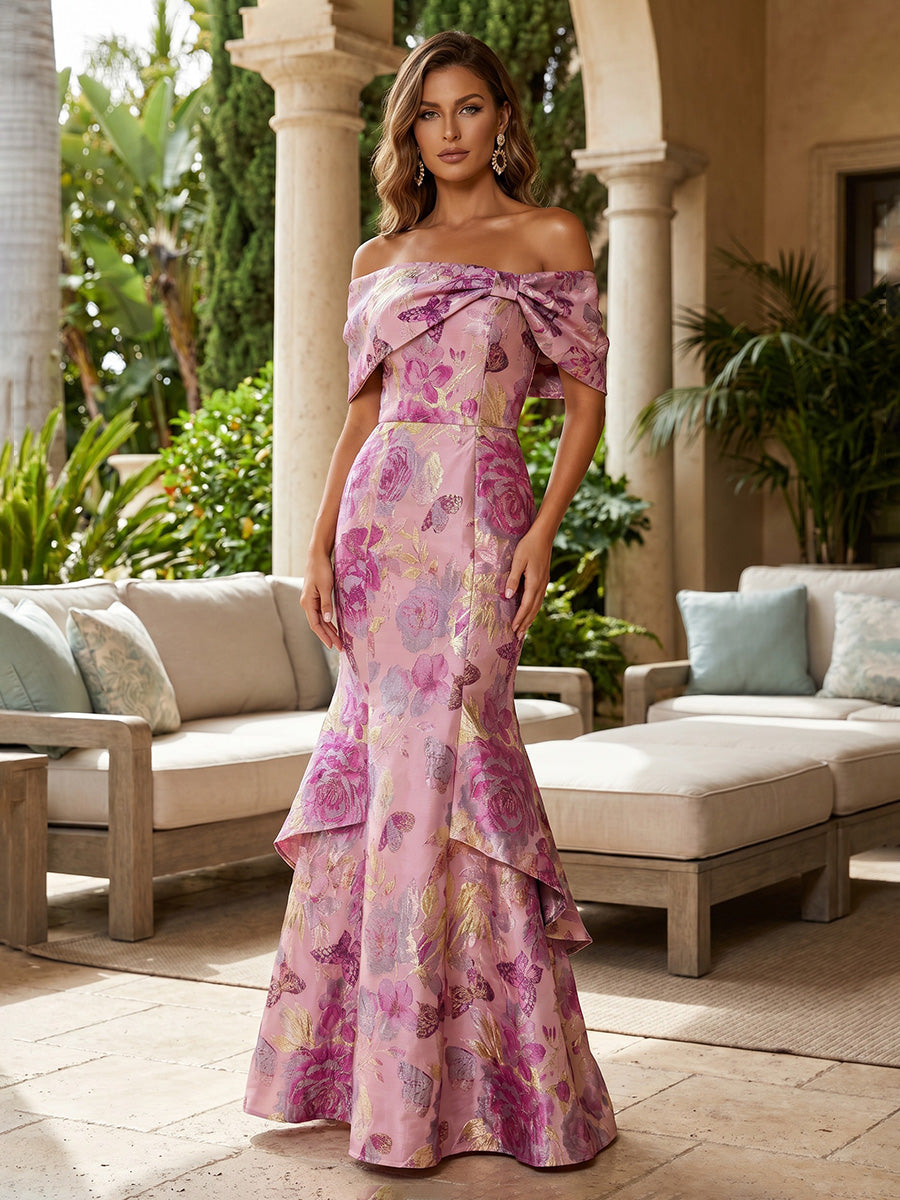 Jacquard Mermaid Off the Shoulder Evening Dresses with Ruffles