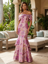 Jacquard Mermaid Off the Shoulder Evening Dresses with Ruffles