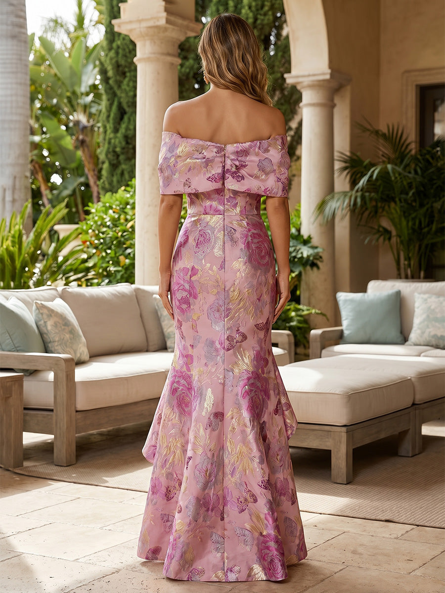 Jacquard Mermaid Off the Shoulder Evening Dresses with Ruffles