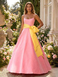Satin A-Line Spaghetti Straps Evening Dresses with Bow