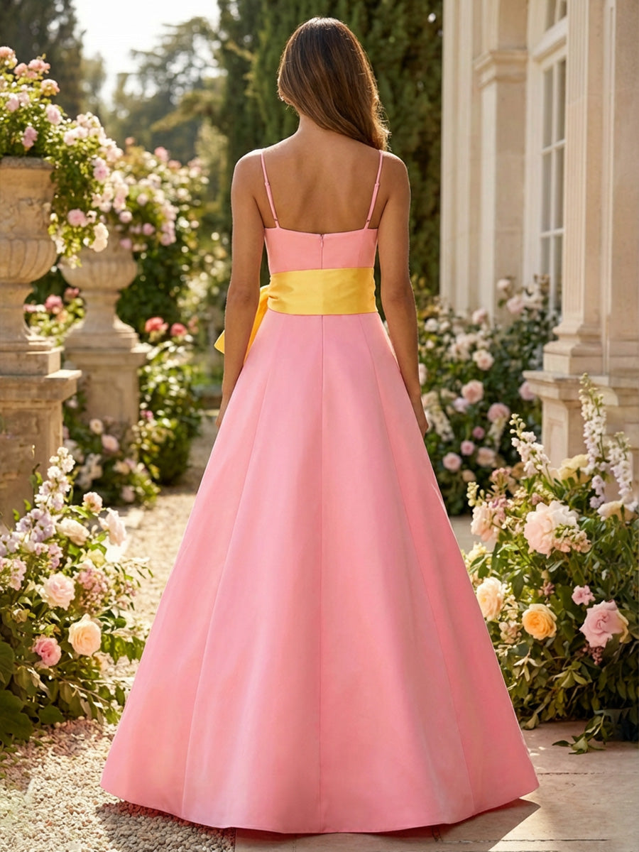 Satin A-Line Spaghetti Straps Evening Dresses with Bow