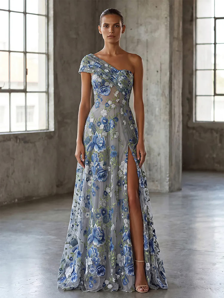 Tulle A-Line One Shoulder Evening Dresses with Floral Embroidery