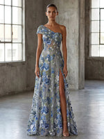 Tulle A-Line One Shoulder Evening Dresses with Floral Embroidery