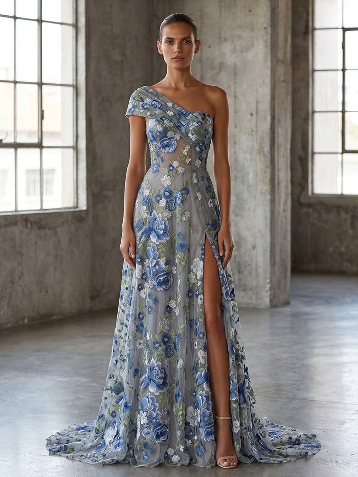 Tulle A-Line One Shoulder Evening Dresses with Floral Embroidery